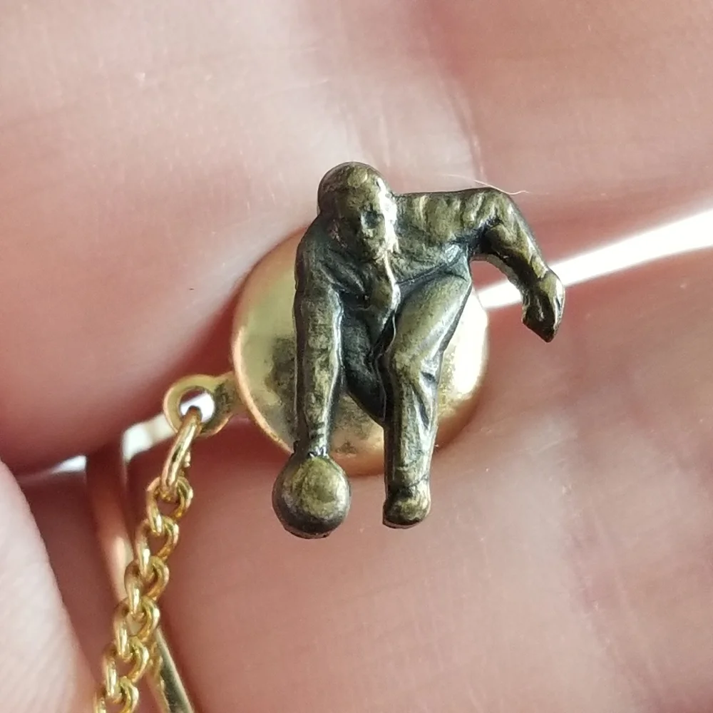 Vintage bowler pin tiny bowling man bronze - gold tone bowl brooch